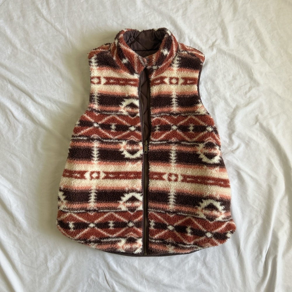 Aztec Pattern Fleece Vest - Rust, Cream & Brown